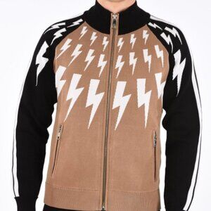 *NEIL BARRETT Mens Fair Isle THUNDERBOLT Lightning Skinny Zip Sweater Jacket LG*